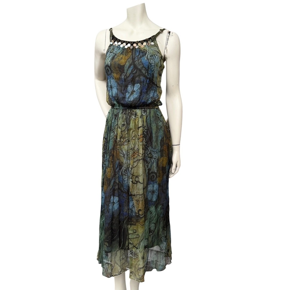 Fairycore Silk Blend Midi Dress Green Blue Artsy Print Lined Whimsigoth Boho S